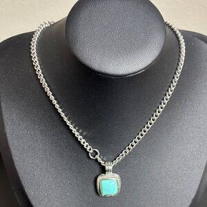 Stainless Steel Chic Silver Necklace with Turquoise Pendant Accent